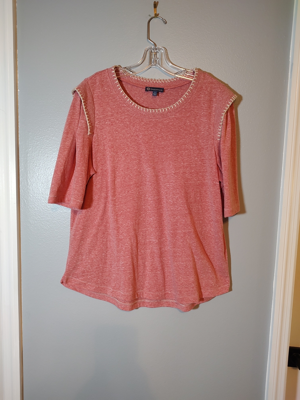 Democracy Pink Cold-Shoulder Short Sleeve Top with Contrast Stitch